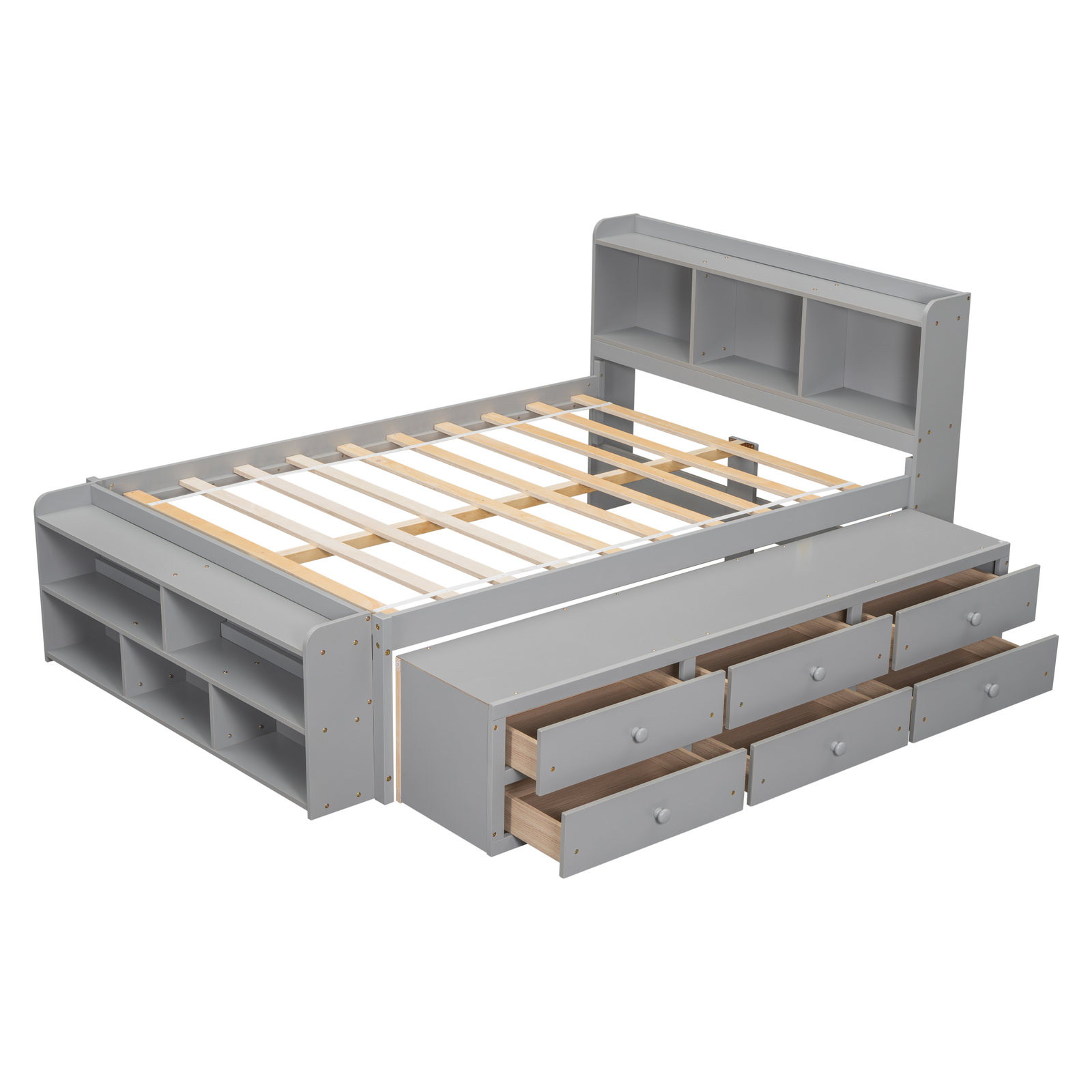 Wooden Full Size Bed Frame with Bookcase Storage Headboard and Drawers/Case Gray