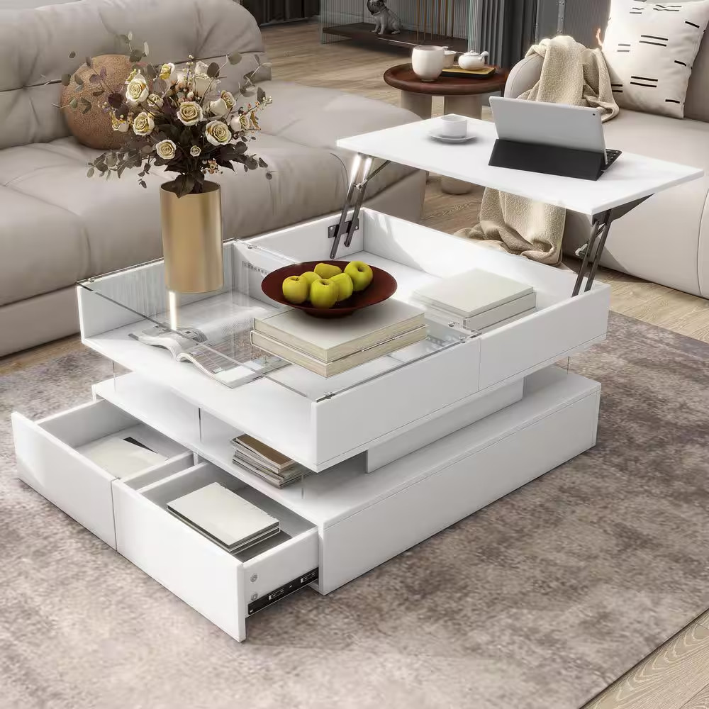 29.5 In. White Lift-Top Square Glass Top Coffee Table with 2 Drawers, High-Gloss