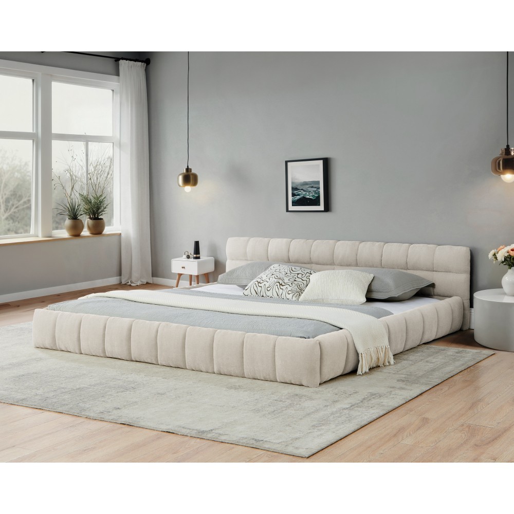 California King Bed Frame Upholstered Platform w/ Headboard Chenille Beige