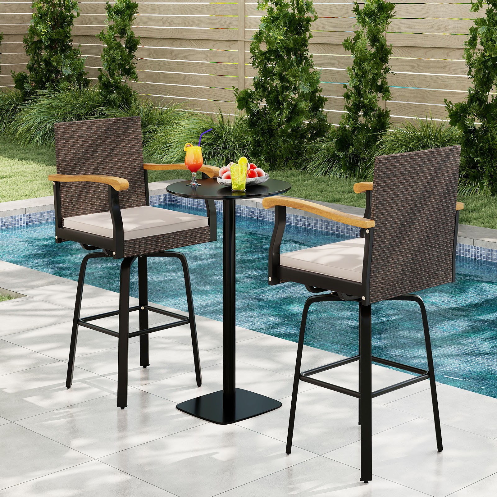 2PCS 29″ Outdoor 360° Swivel Bar Stool w/Cushion, Acacia Wood Armrests, Footrest