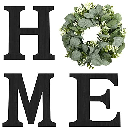 Wood Home Sign with Artificial Eucalyptus Wreath for O, 9.8L” x 9.3W” Black