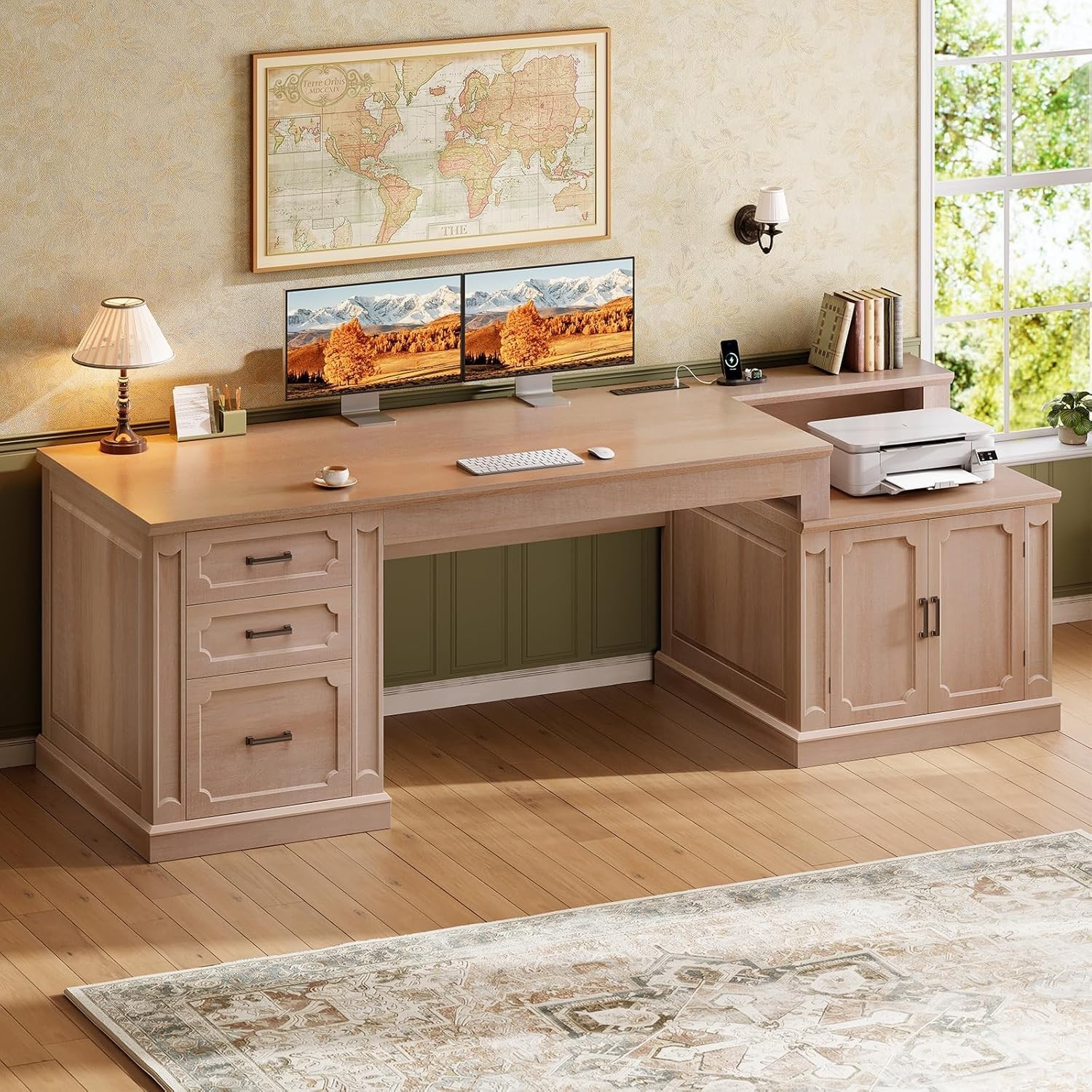 Farmhouse 70.9″ Executive Desk, Computer Desk with File Drawers &Storage Cabinet