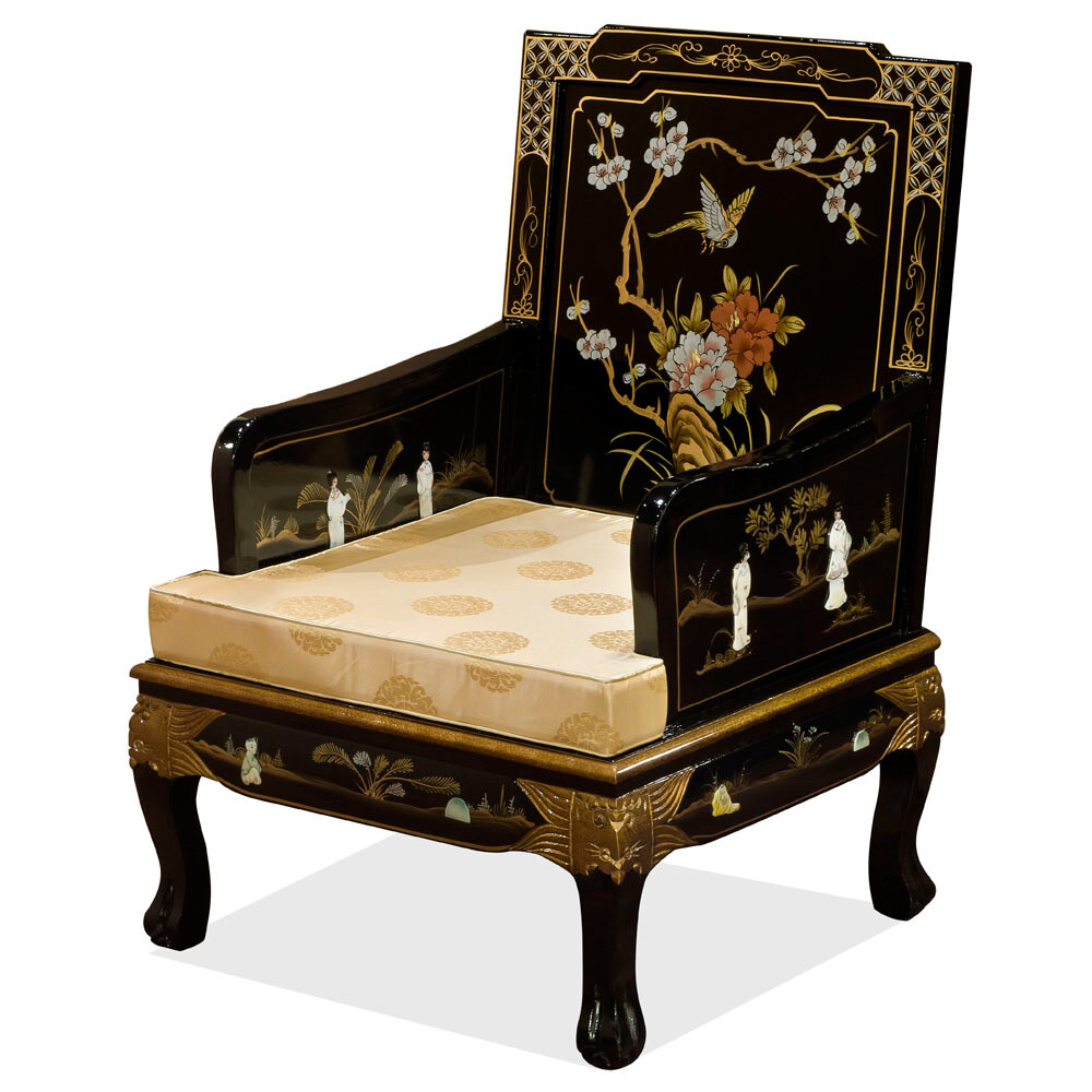 US Seller – Black Lacquer Mother of Pearl Chinese Sofa Chair