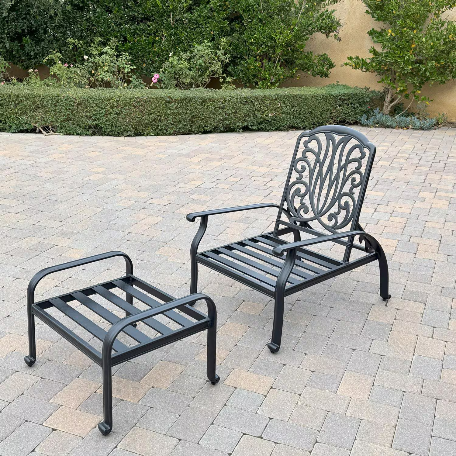 Elisabeth 2 Pc Cast Aluminum Seating Set Reclining Chair & Ottoman in Antique