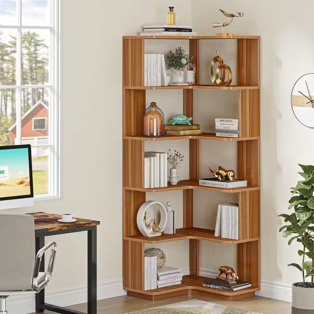 Eula 65 In. Tall Brown Wood 6-Shelf Etagere Standard Farmhouse Corner Bookcase H