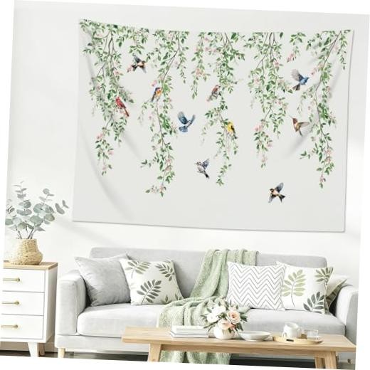 Green Leaf Tapestry Spring Watercolor Botanical Leaves 40″L x 60″W Green Pink