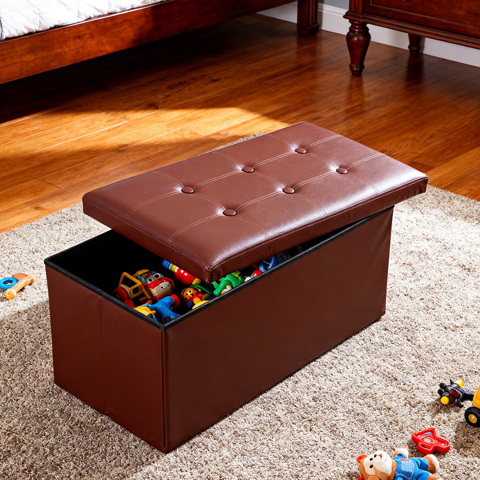 Durable 30″ Ottoman Storage Bench Chest Folding Footstool W/Removable Lid Brown