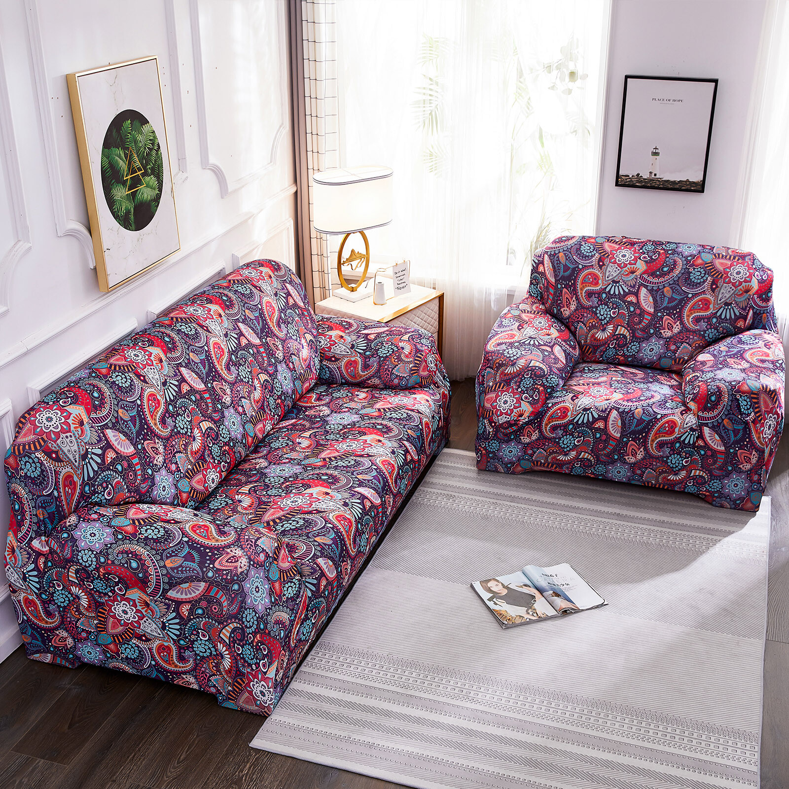 Retro Printed Stretch Sofa Covers Spandex Couch Slipcover 1 2 3 4 Seat Protector