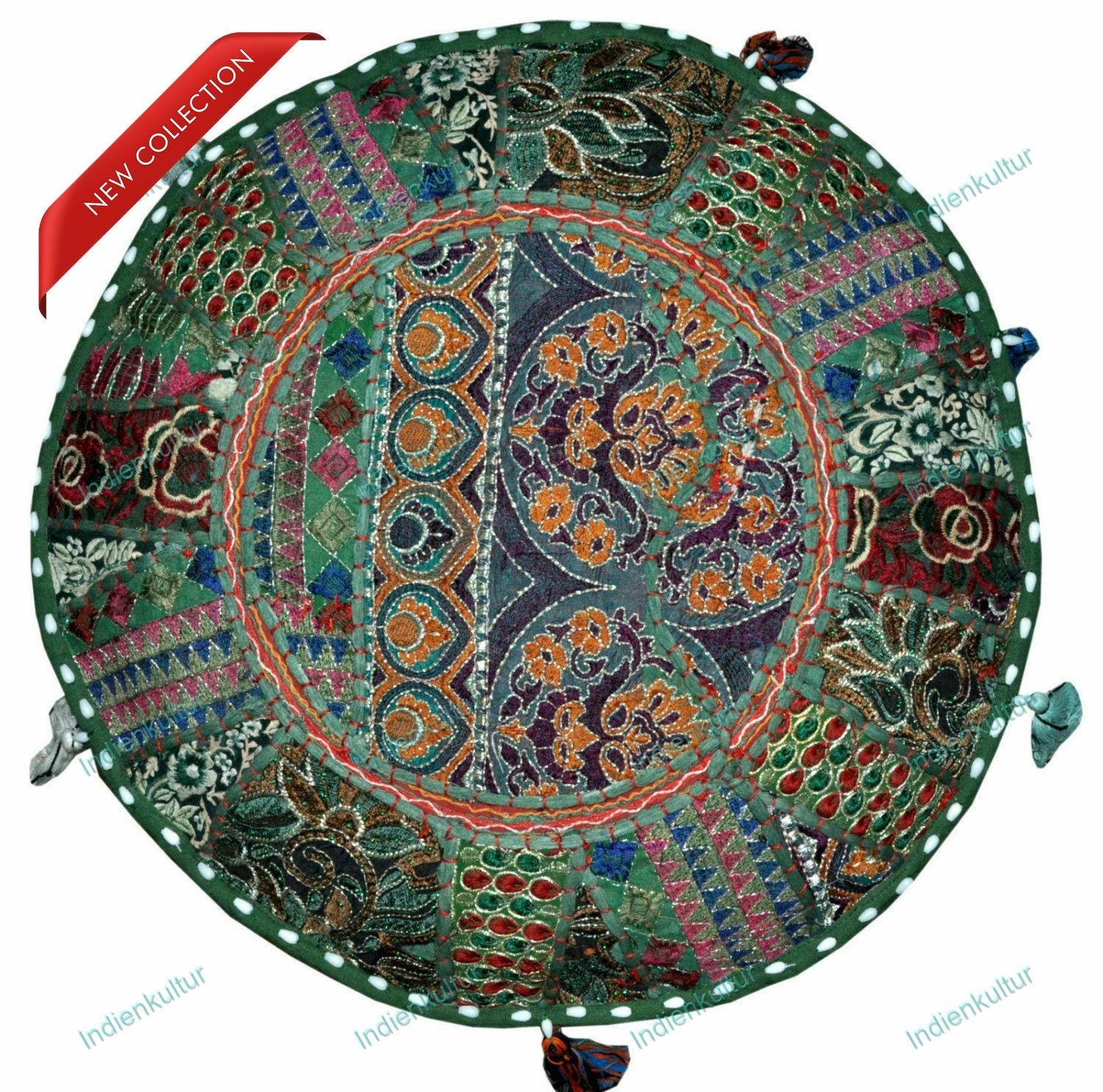 Indian Vintage Embroidered Floral Ottoman Pouf Footstool Ethnic Decor