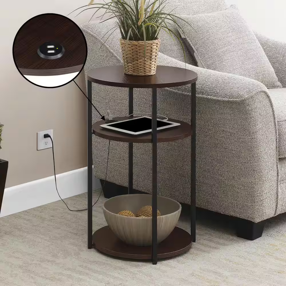 Designs2Go Simon 15.75 In. W Espresso round Wood 3 Tier End Table with USB Ports