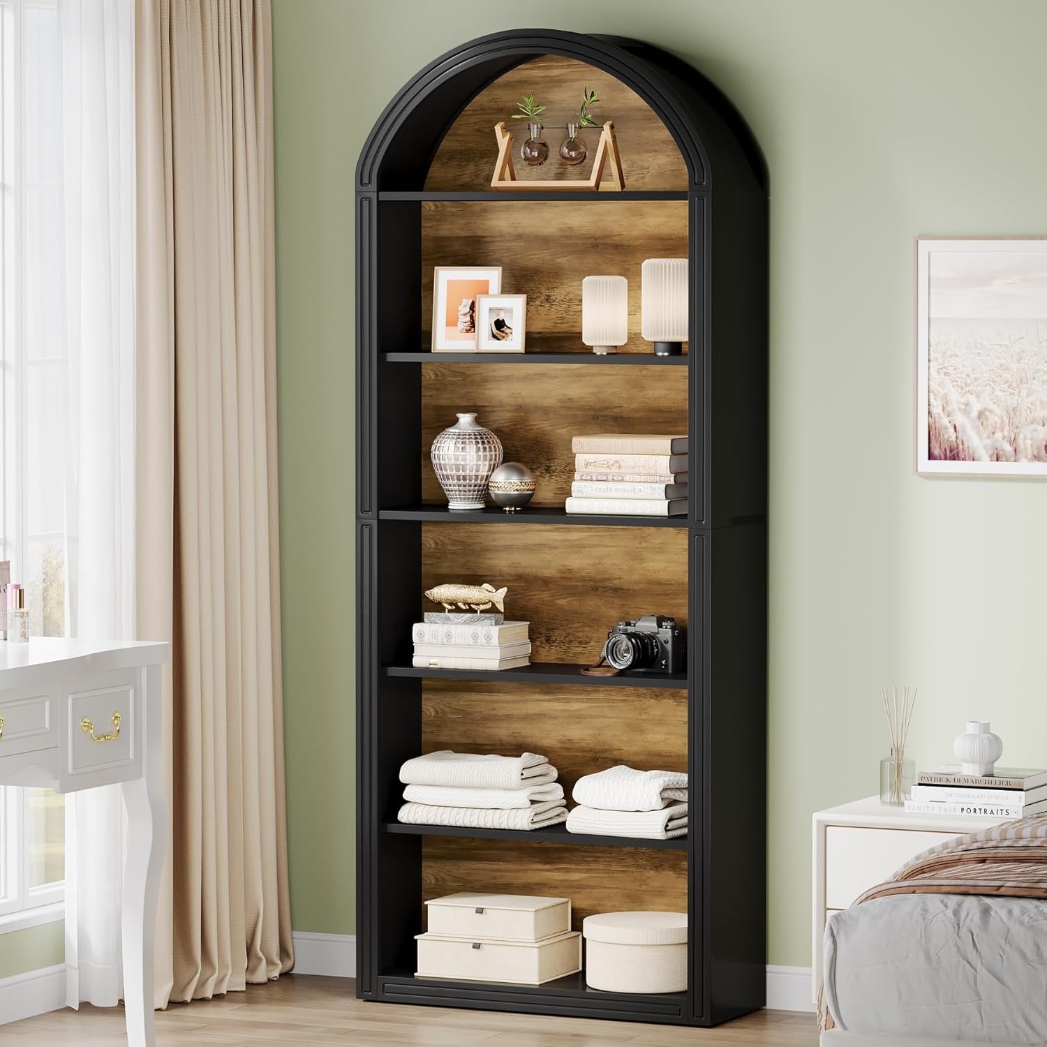 6-Tier Black Arched Bookshelf 77.16″ Tall Bookcase Open Display Shelving Unit