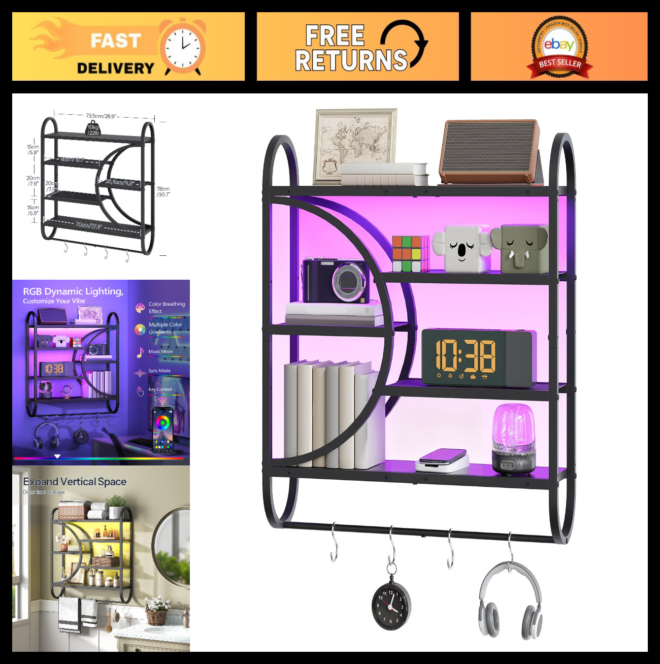 LED Floating Shelves with Lights, 5-Tier Wall Mounted Display Rack, Game Room St