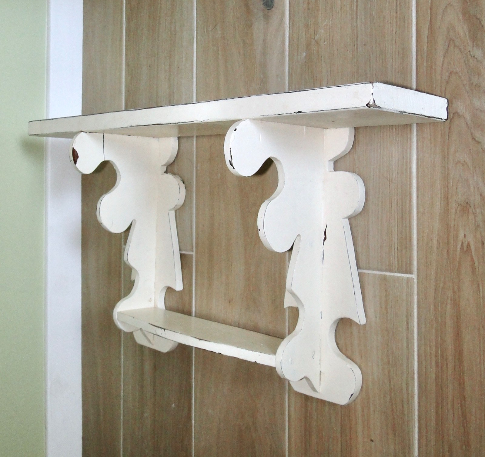 Vintage Heavy Wood WALL SHELF Painted WHITE CHIPPY FARMHOUSE ~2 Tiers~ 21″ Wide