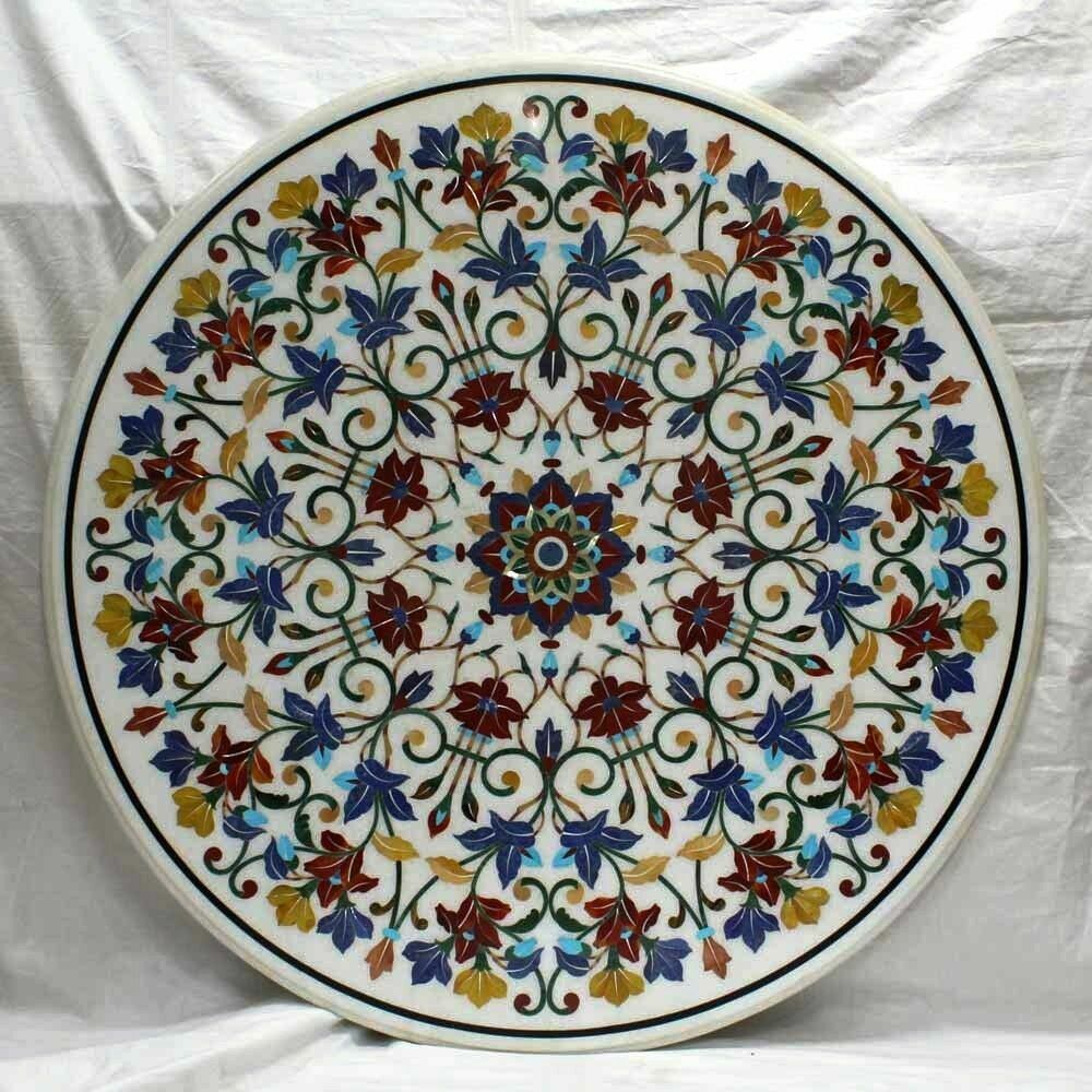 30″ White Marble Coffee Table Top Shiny Gemstone Inlay Work Patio End Table