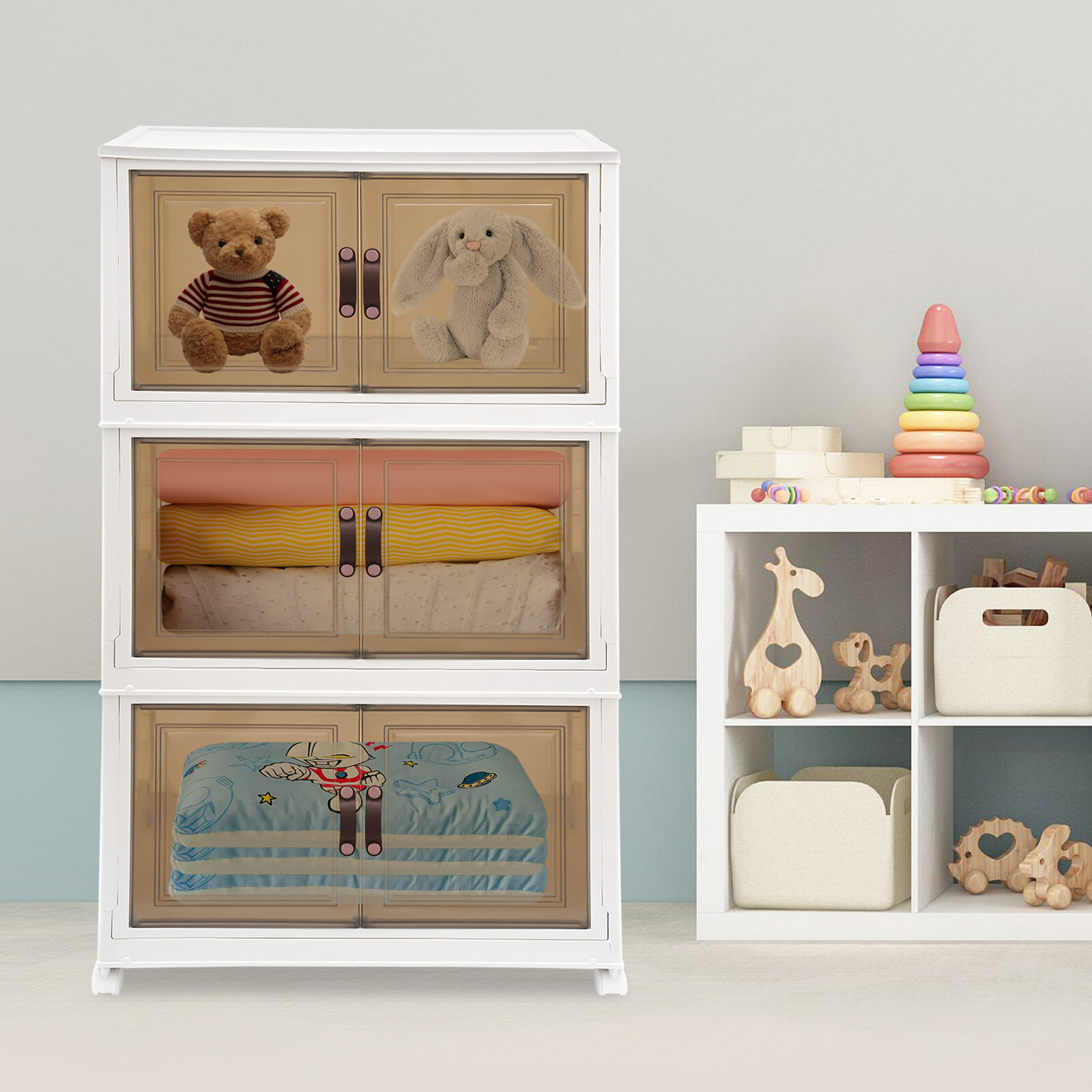 3PCS Foldable Stackable Storage Cabinets with Wheels White 25.59*16.54*43.5in US