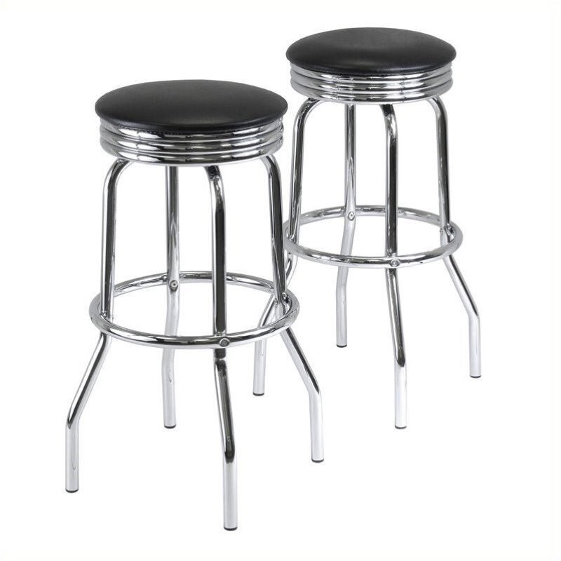 Pemberly Row 29.13″ Metal/PVC Swivel Bar Stool in Black/Chrome (Set of 2)