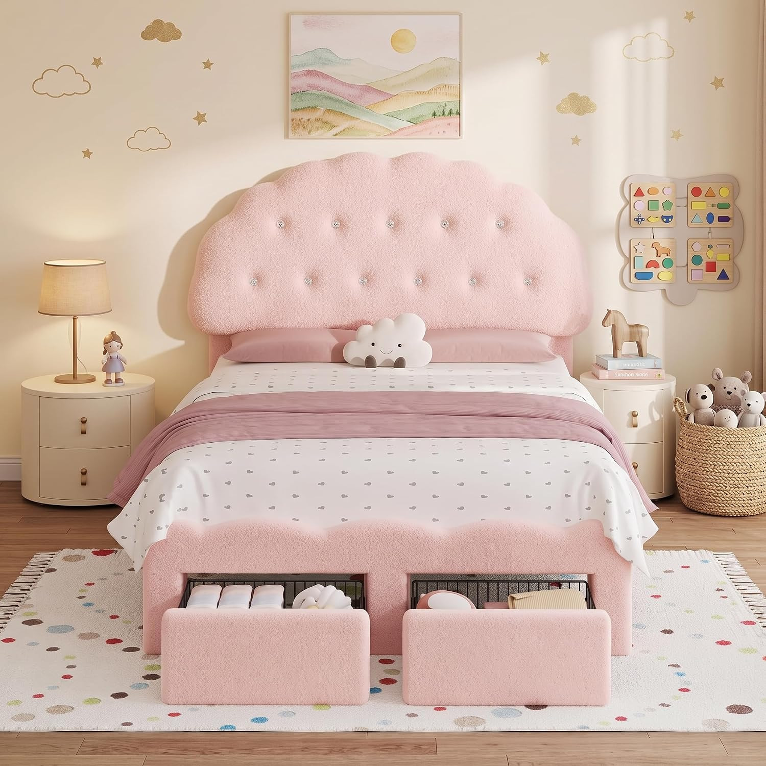 Full Bed Frame with 2 Storage Drawers, Cloud Cookie Full Size Upholstered Bed Fr