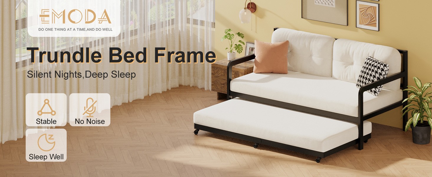Trundle Bed Twin with 6 Lockable Casters, Roll Out Twin Trundle Bed Frame with
