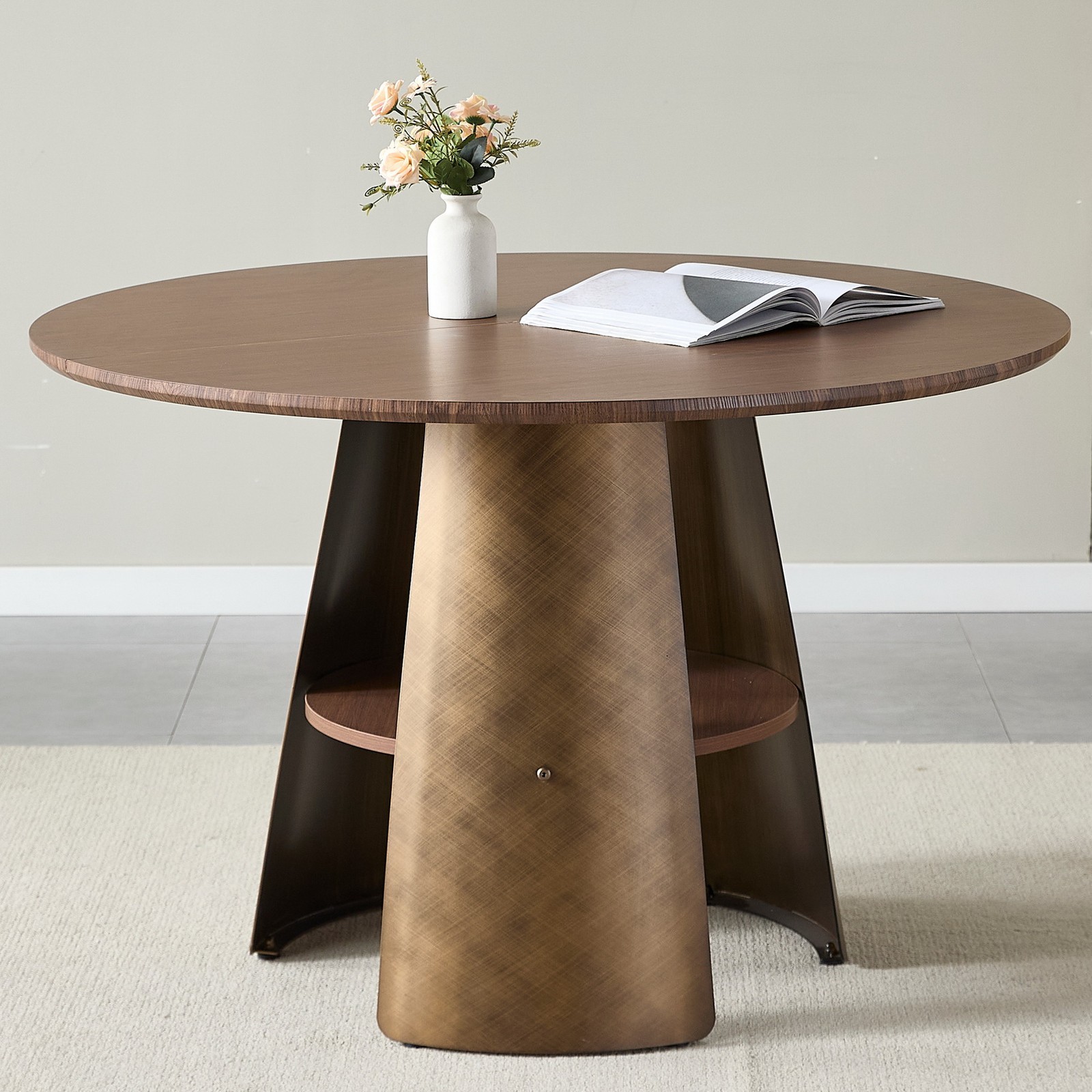 47″ Round Dining Table Brushed-Bronze Pedestal Middle Shelf 4-6 People Kitchen