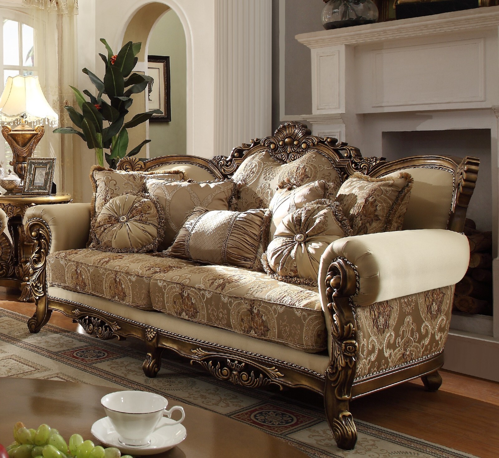 Classic Solid Wood 2PC Sofa Loveseat Gold Brown Fabric French Manor Living Room