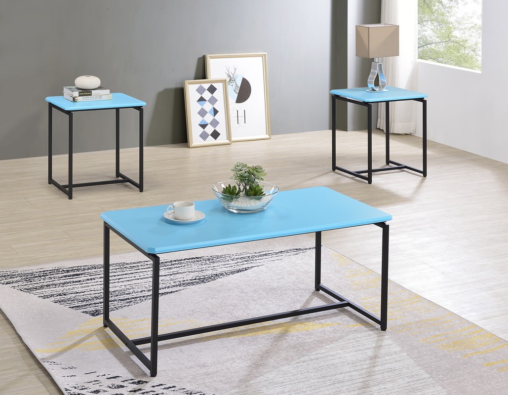 3 Piece Blue Carbon Fiber Wrap 39.5″W Coffee Table and End Table Set