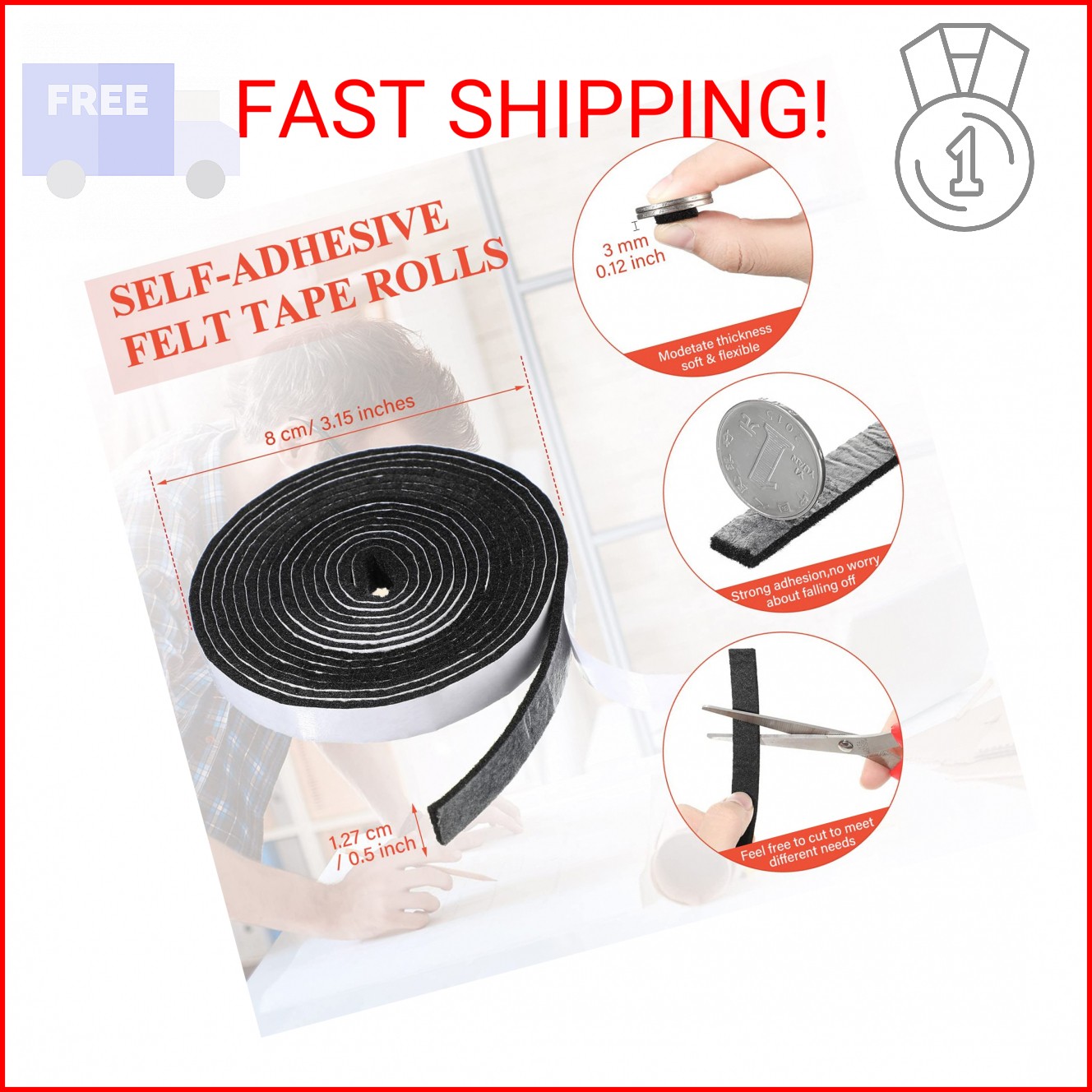 Zonon 4 Rolls 120 Inch Felt Strip with Adhesive Backing Felt Tapes Furniture Str
