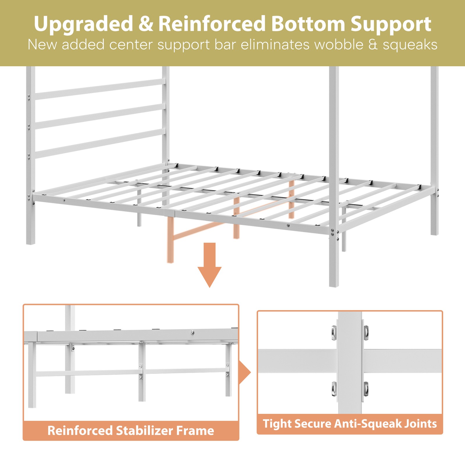 Full Size Bed Frame Canopy Top Design Customizable Bedroom Metal Bed Frame White