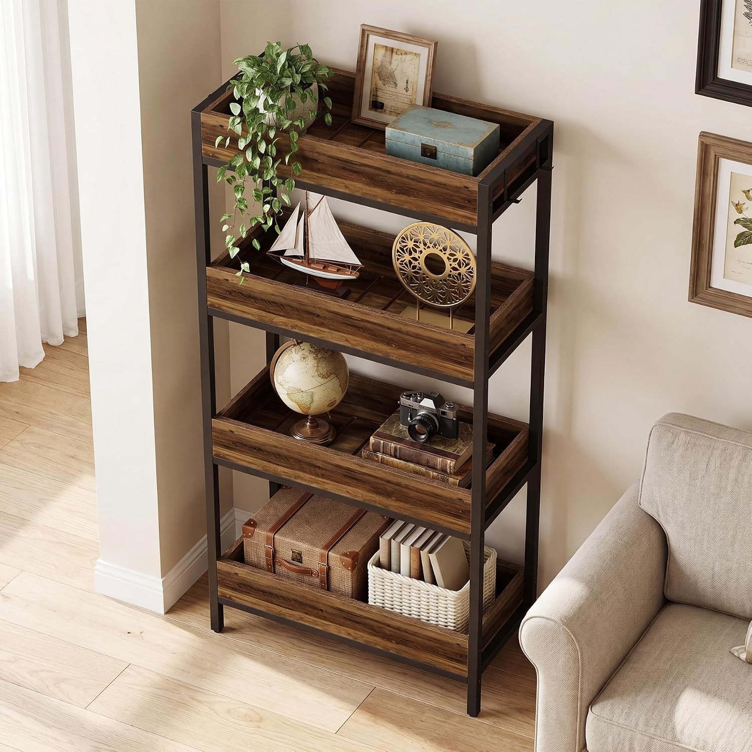 4 Tier Industrial Bookshelf, 55″ Tall Free-Standing Wooden Bookcase with 4 Hooks