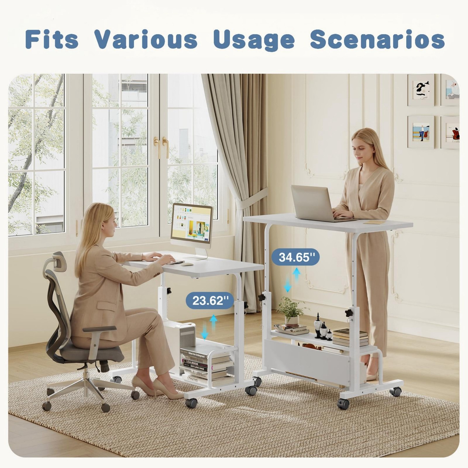 31.5” Adjustable Height Rolling Computer Desk with Storage Shelves