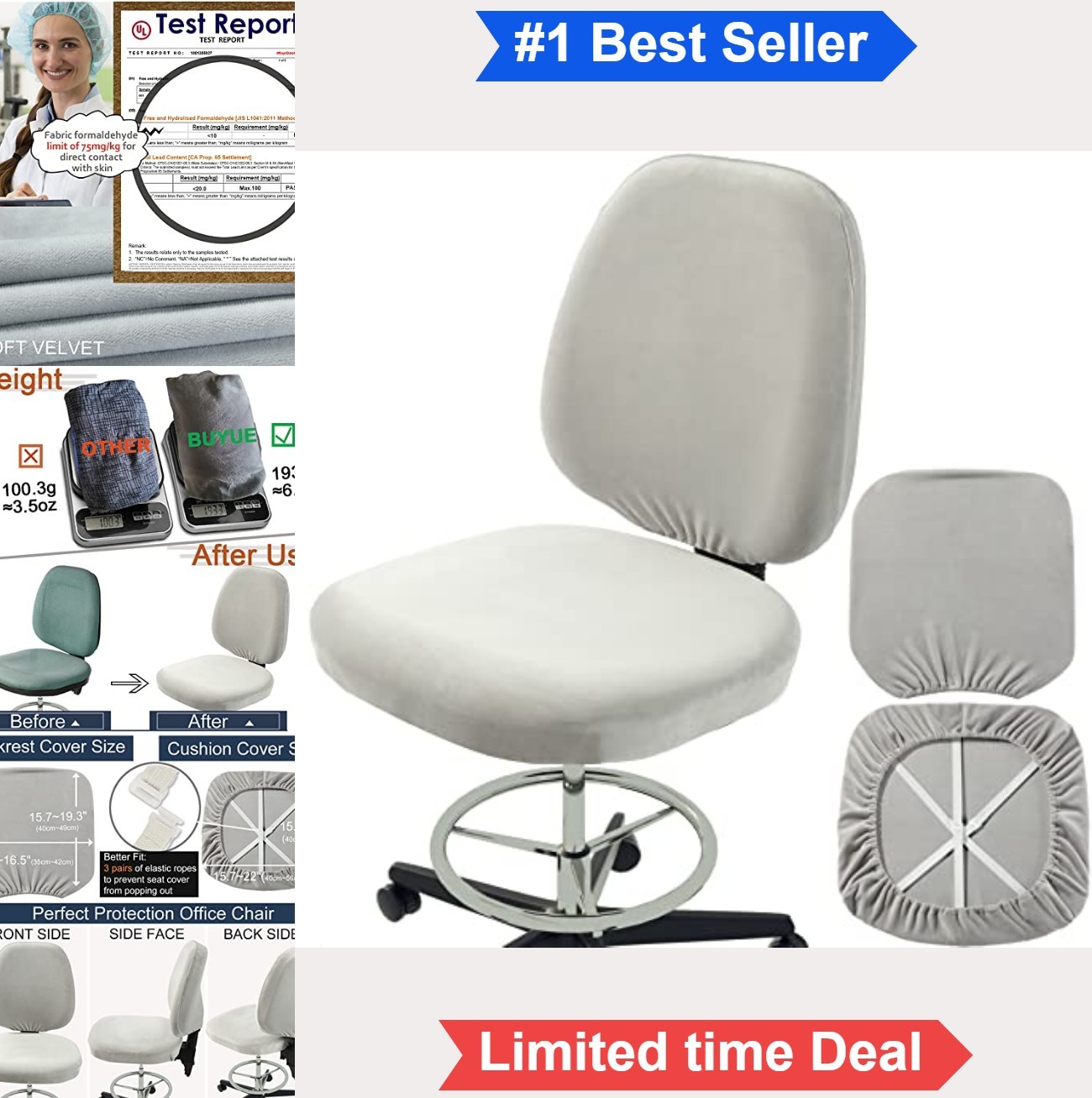 Office Chair Cover Velvet Stretch Washable Desk Armless Slipcover Set Light Grey