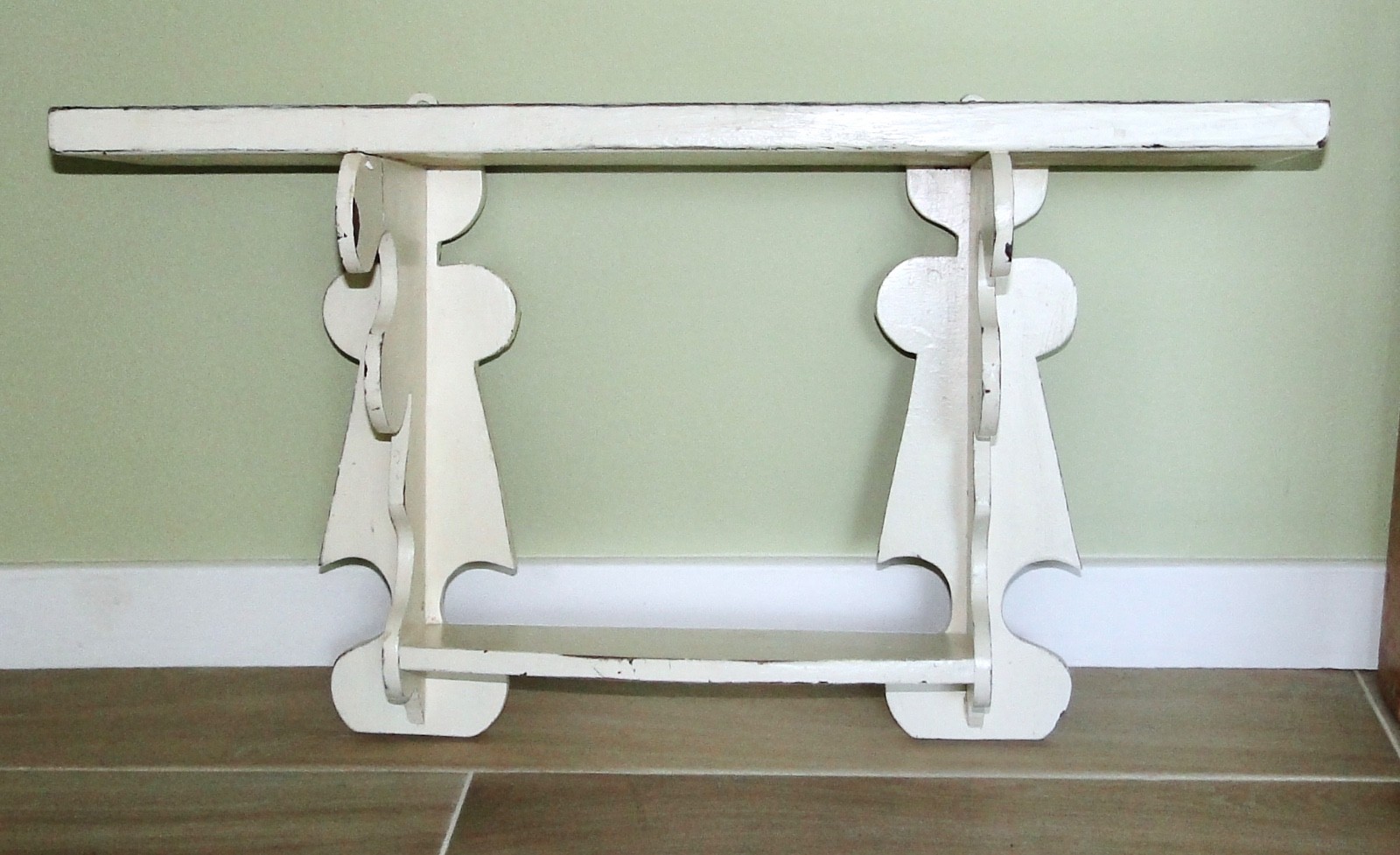 Vintage Heavy Wood WALL SHELF Painted WHITE CHIPPY FARMHOUSE ~2 Tiers~ 21″ Wide