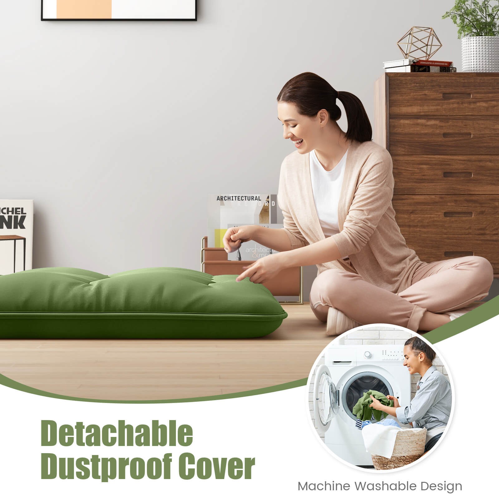 Full Futon Mattress Japanese Sleeping Pad Lounge Bed w/ Washable Cover Green