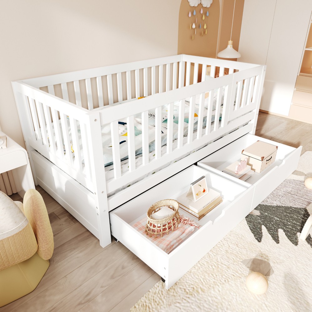 Convertible Toddler Bed Frame with Storage Drawers, 3-in-1 Solid Wood Daybed
