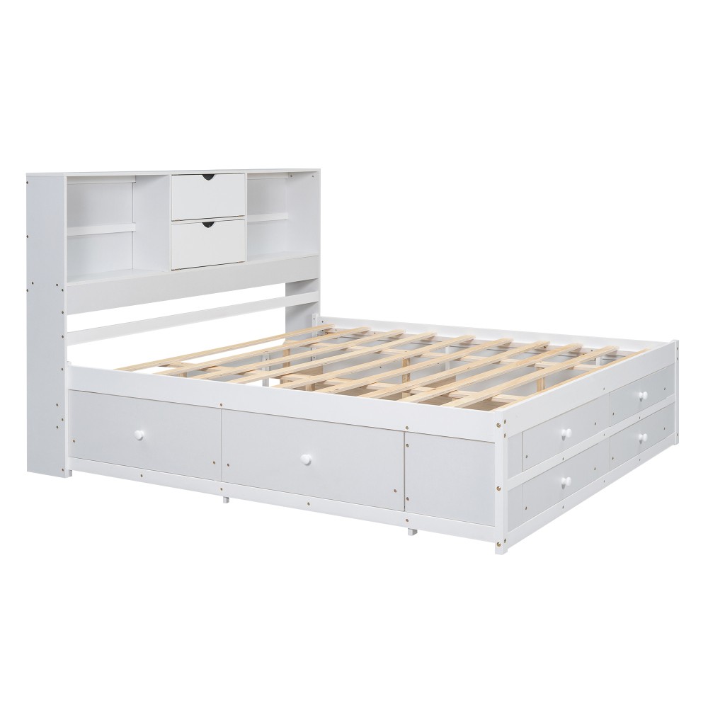 King Size Platform Bed with Storage Headboard and 8 Drawers, White / Gray