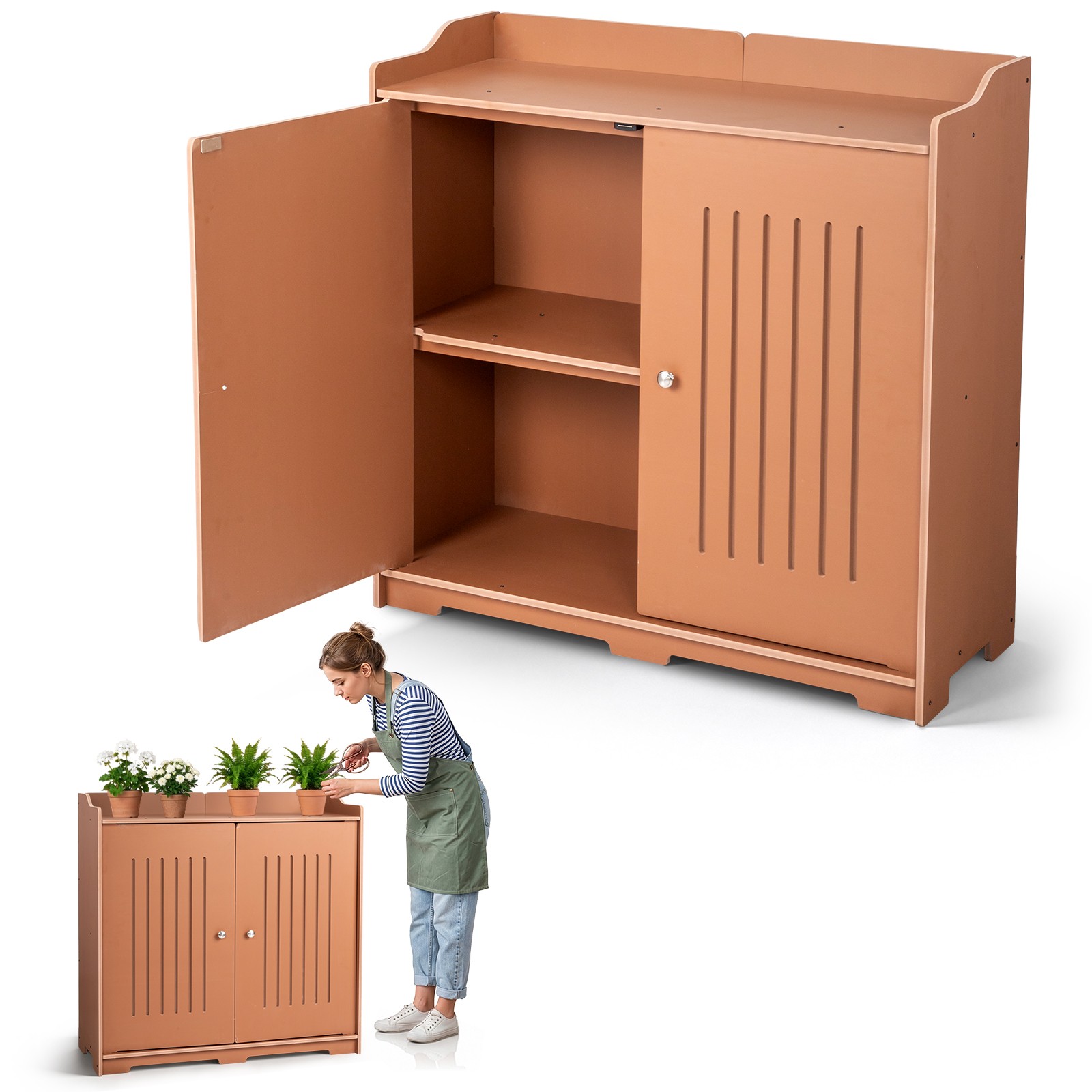 27-42in Plastic Storage Cabinet, Workbench w/ Door for Indoor Outdoor Garden