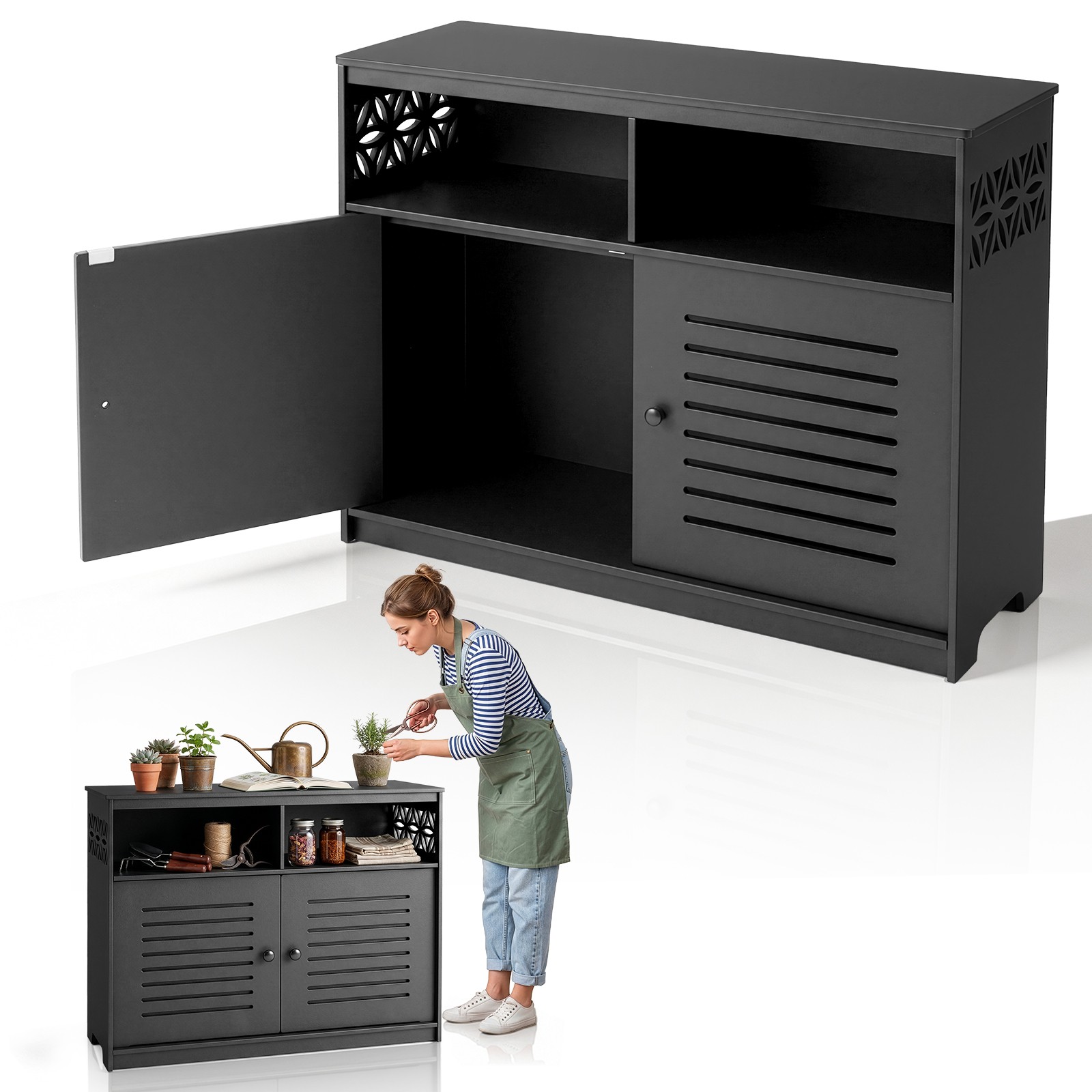 27-42in Plastic Storage Cabinet, Workbench w/ Door for Indoor Outdoor Garden