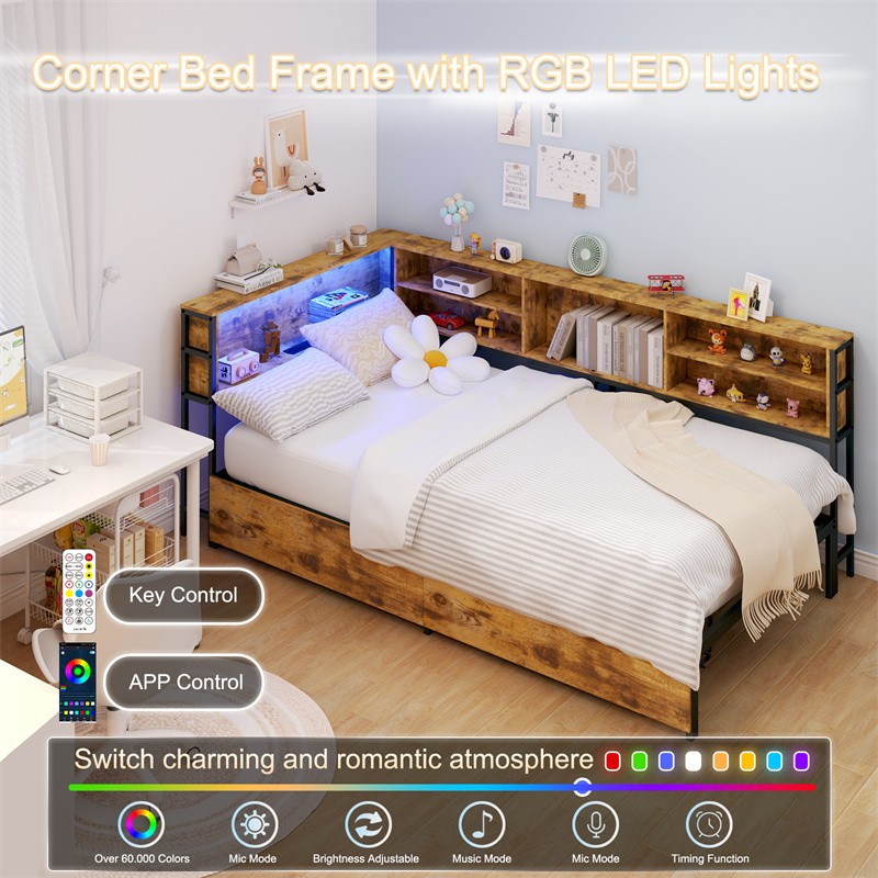 Full Size Corner Daybed with Bookcase Headboard,2 Storage Drawers & LED Light