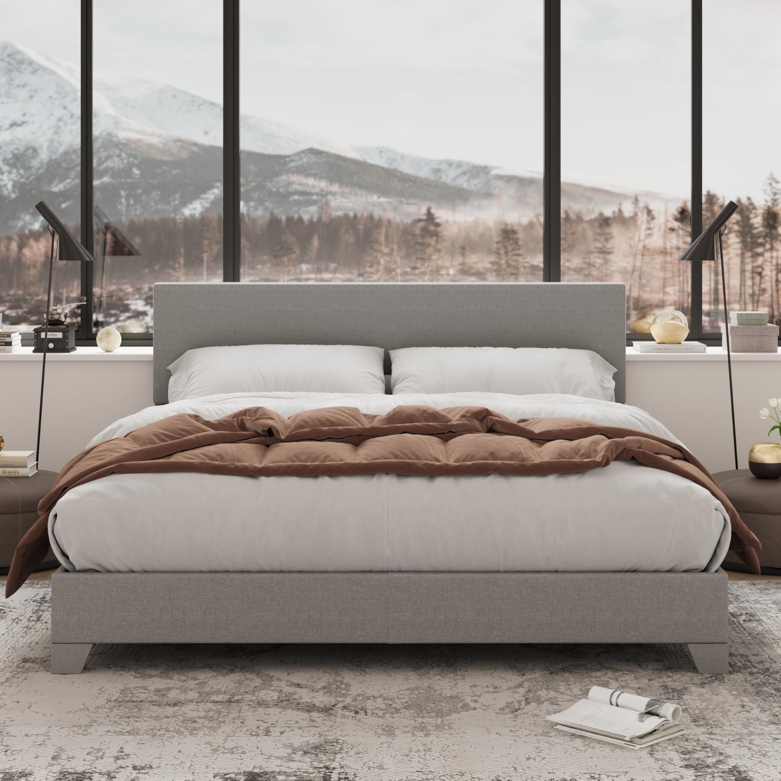 Full Size Upholstered Bed Frame Adjustable Headboard, Light Grey