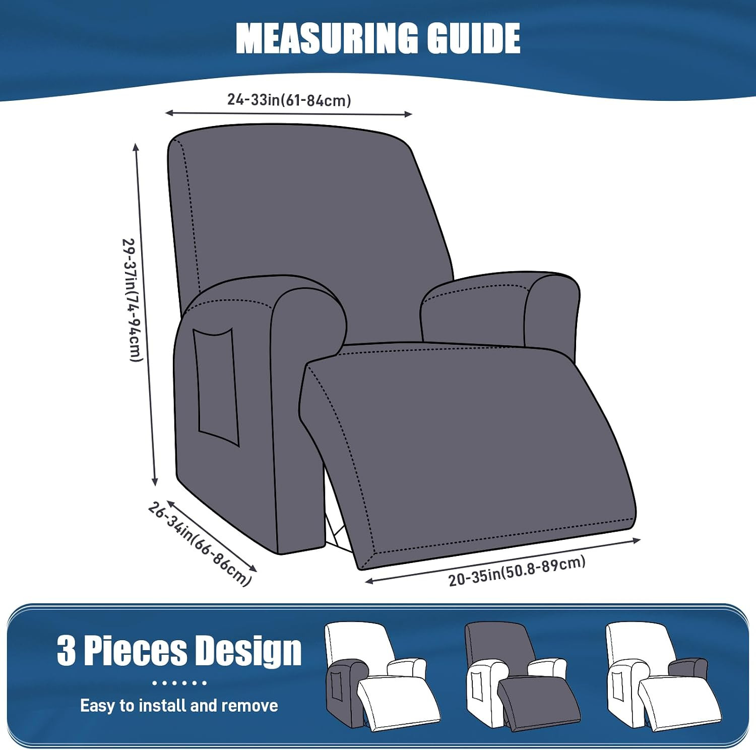 TAOCOCO Recliner Chair Covers Stretch Polyester Fabric 3-Piece for Large Recline