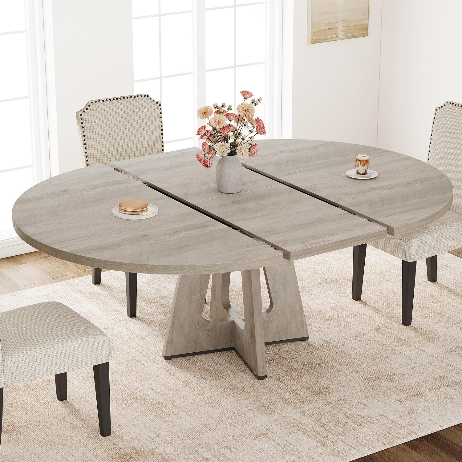 47″-63″ Extendable round Dining Table for 4-8 (Table Only) Gray | Oval Dinner Ta