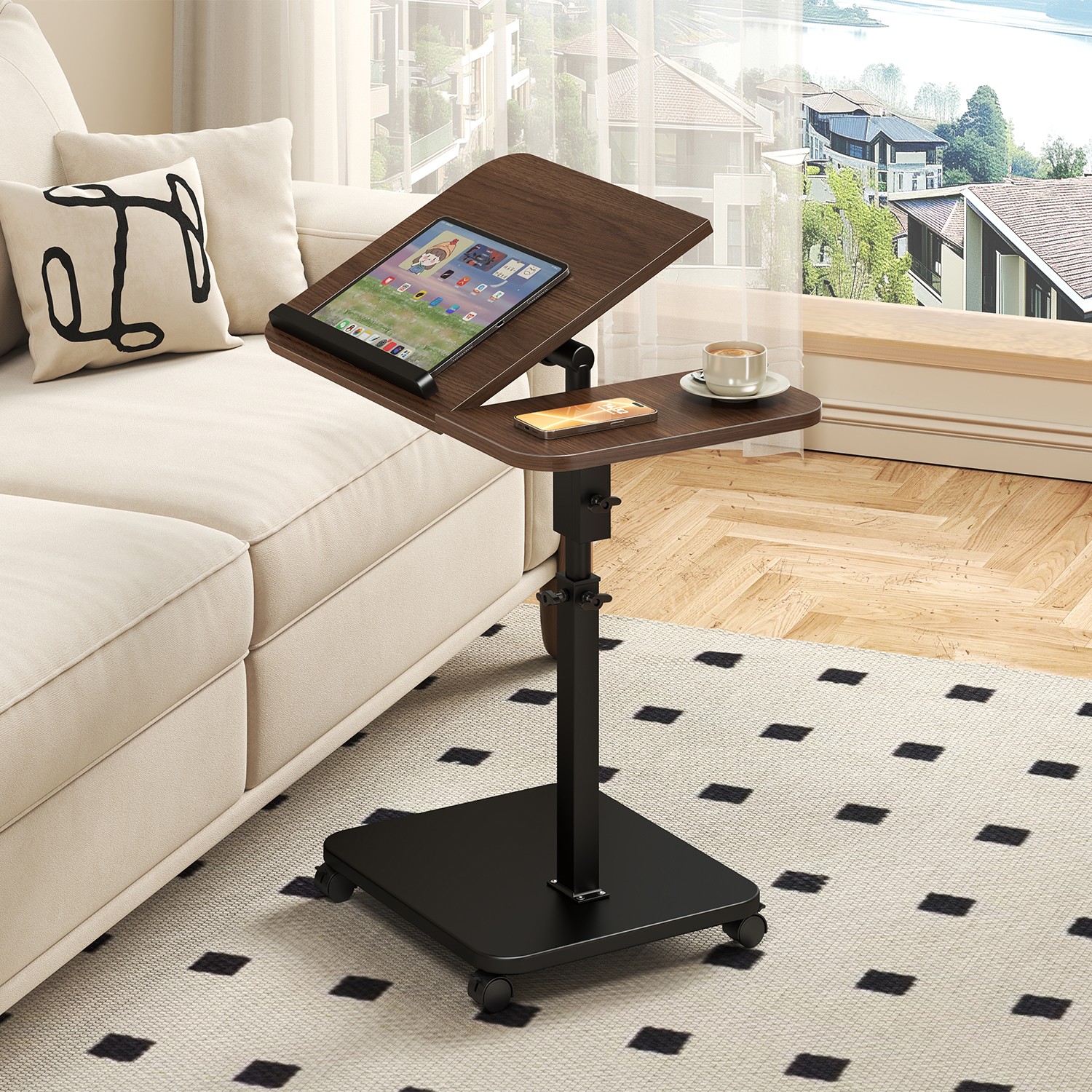 C Shaped Table End Table for Couch Adjustable Height 180° Swivel Tray Sofa Table