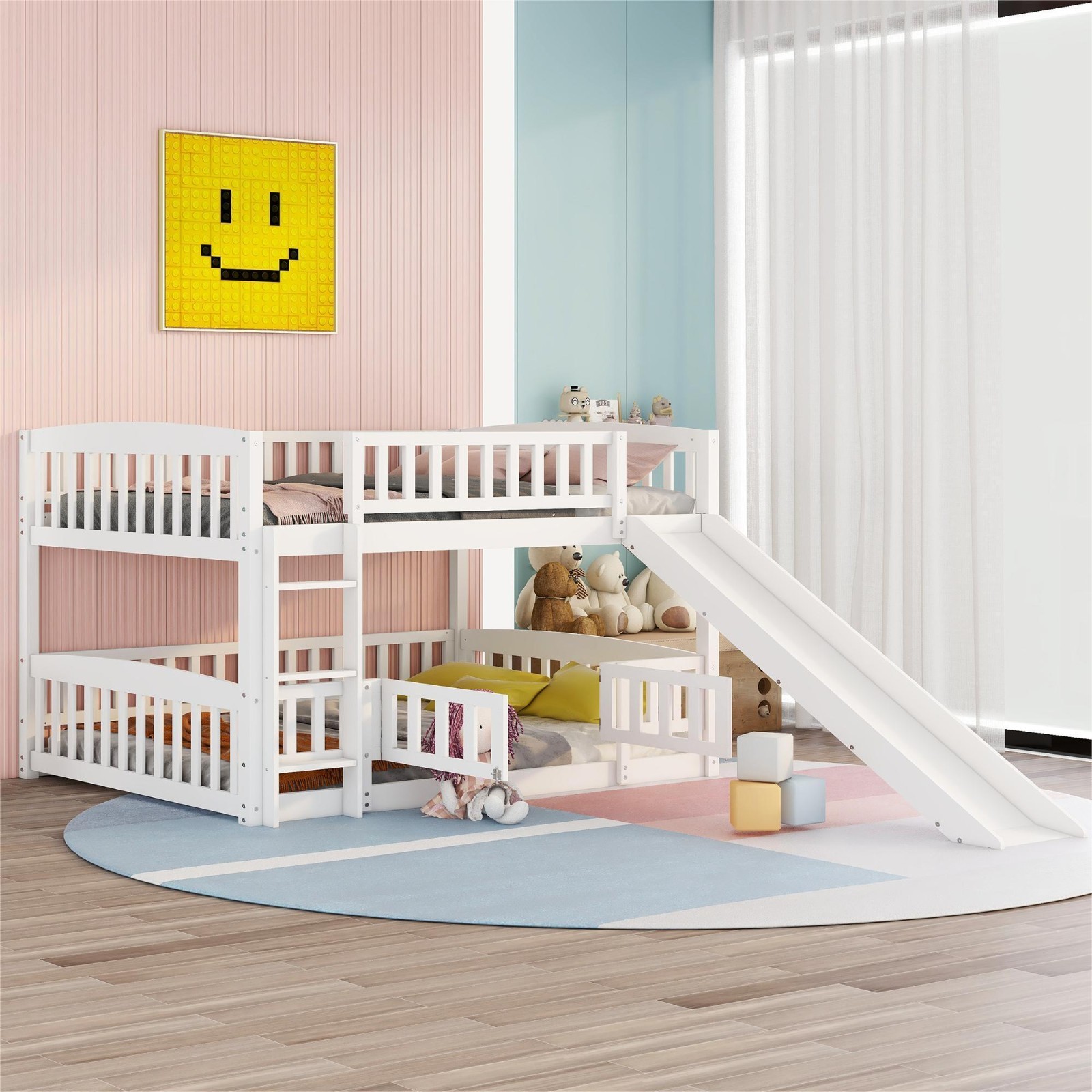 Full Over Full Twin Over Twin Low Bunk Bed With Slide Fence Ladder For Kid Child