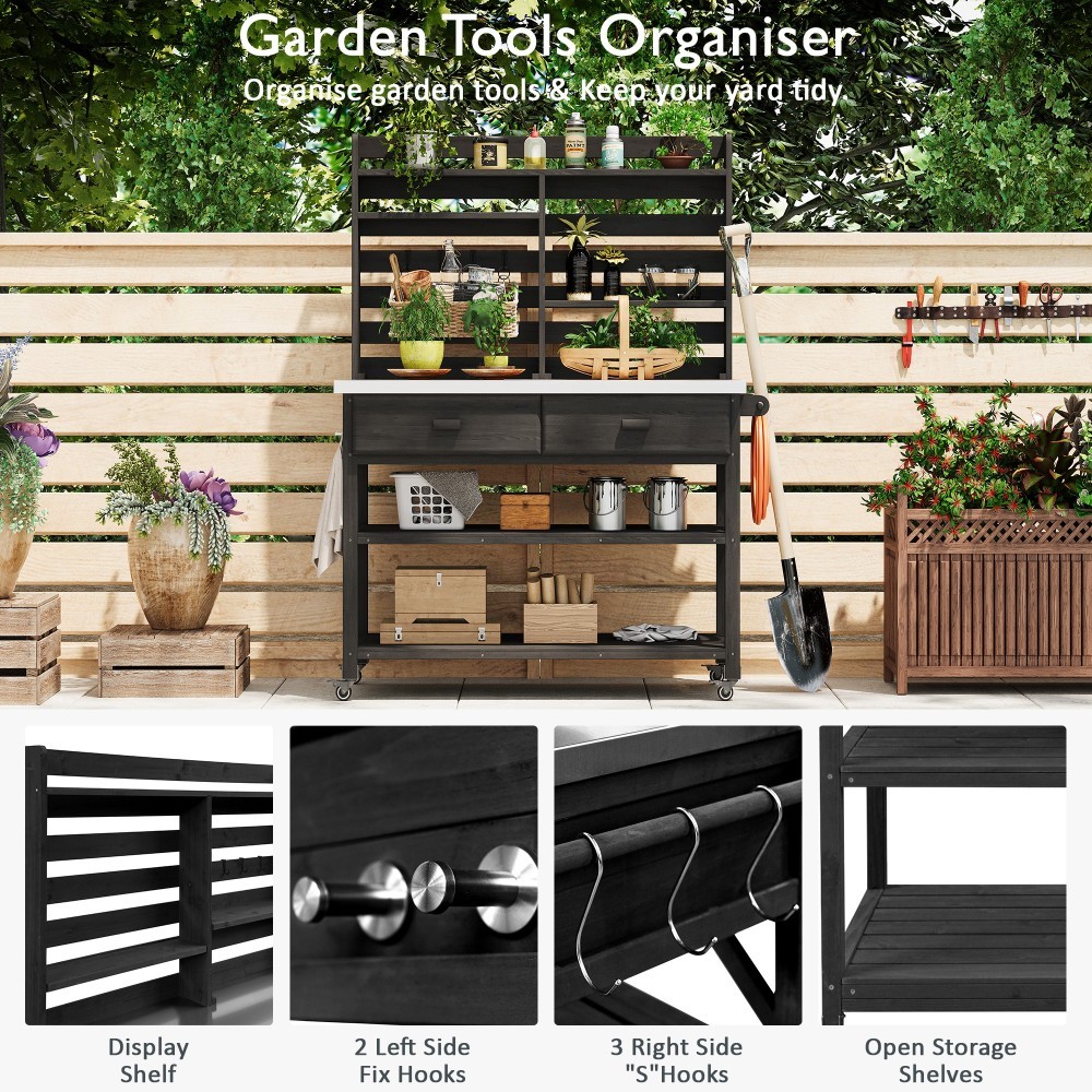 Outdoor Potting Bench with Lockable Wheels – Wood Kitchen Island, Stainless Top