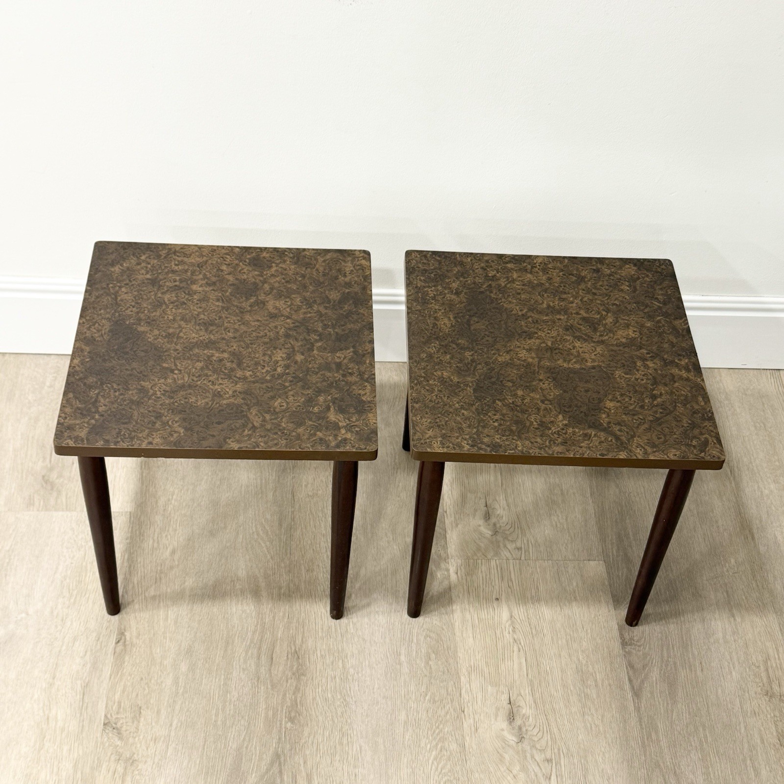 Vintage MCM Burl Wood Nesting Tables Mid Century Modern Laminate Square Set Of 2