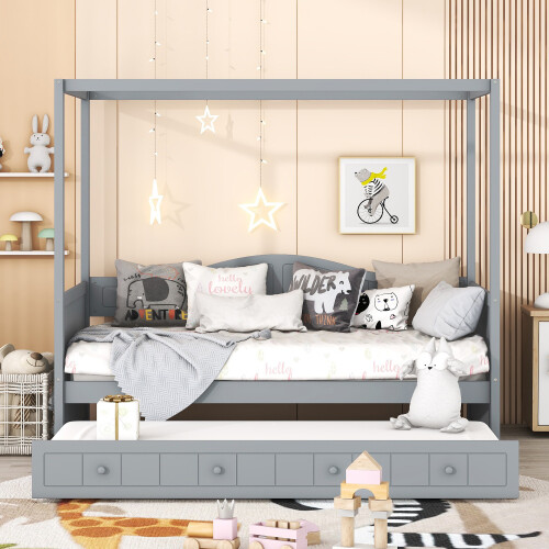 Canopy Platform Bed Solid Wood Daybed with Trundle or Storage Drawers Sofa Beds
