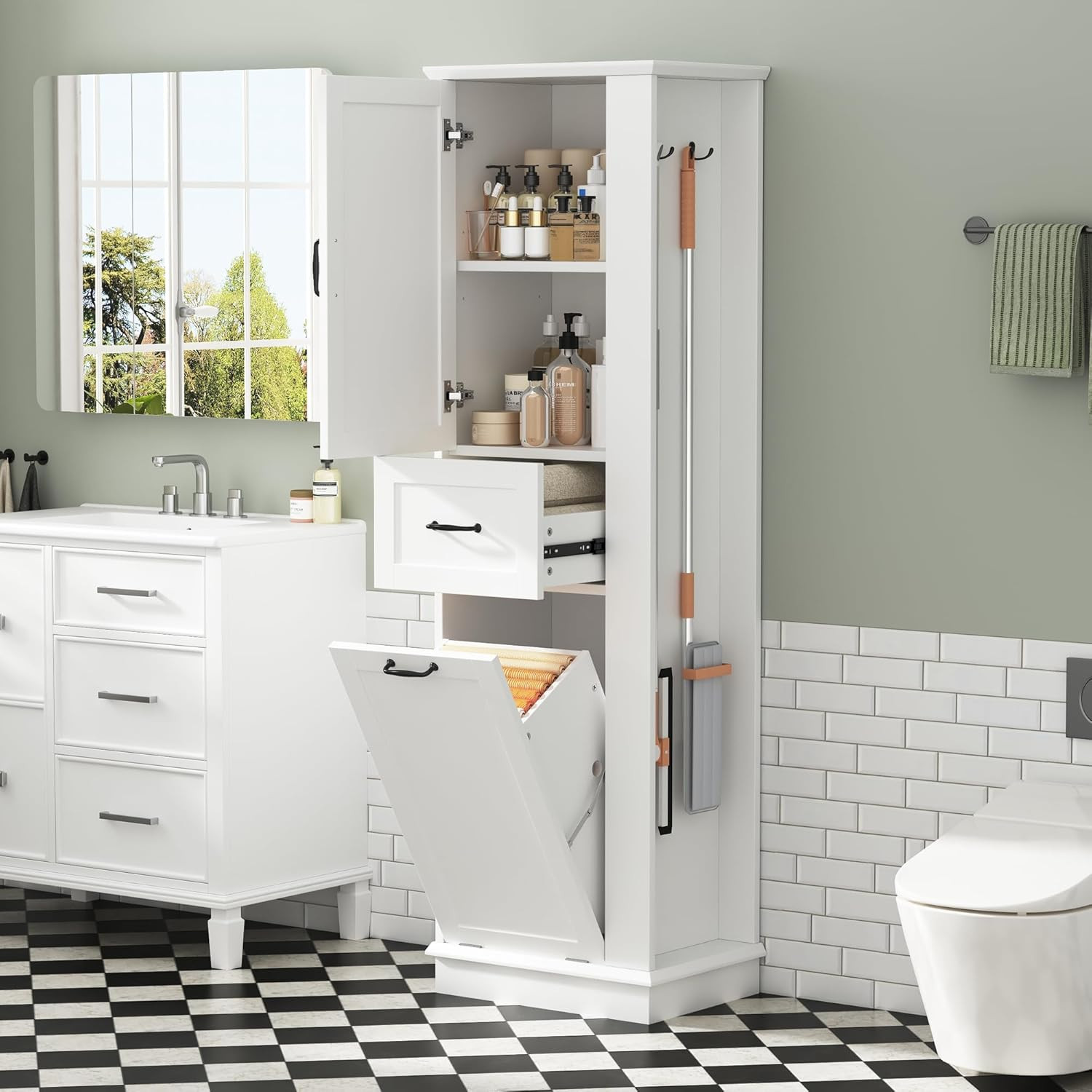Tall Cabinet Linen Tower with Door and Drawer, Multi-Functional Bathroom Storage