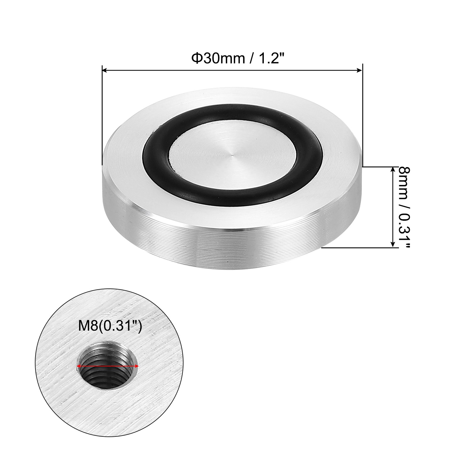 M8 30mm / 1.2″ Dia 8mm Aluminum Disc Glass Top Adapter with Rubber Ring 4pcs