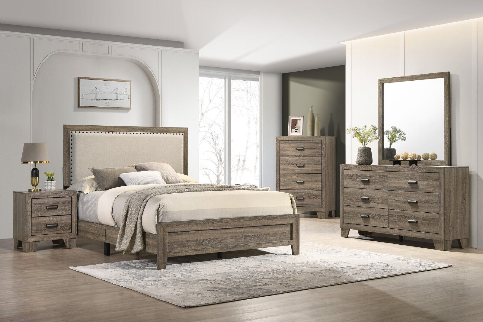 NEW 5PC Rustic Gray Queen King Twin Full Upholstered Bedroom Modern B/D/M/N/C