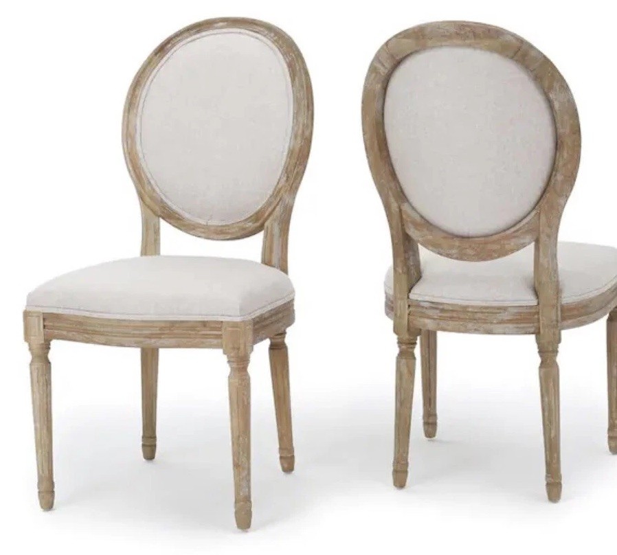 French Country Dining Chairs Set of 2 Beige Fabric Wood Round Back Farmhouse