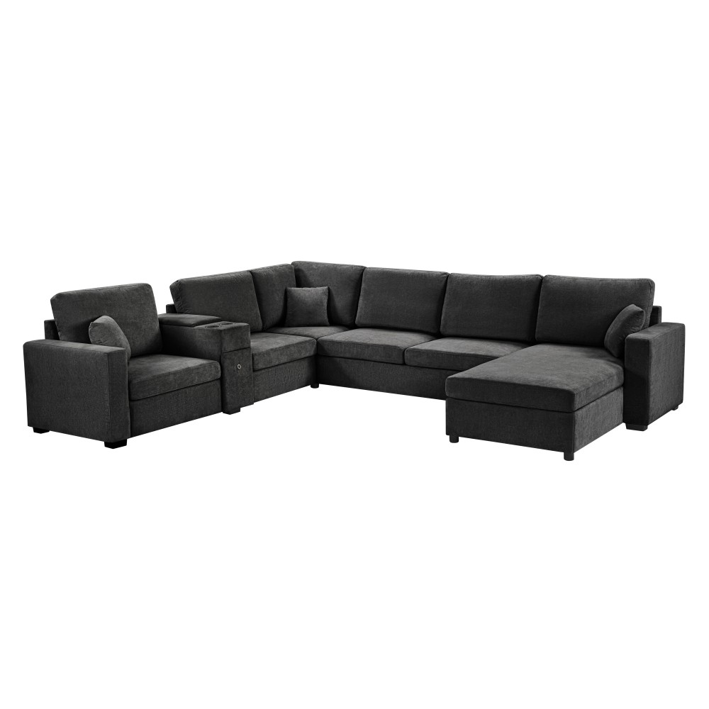 U-Shape Corner Sectional Sofa with Chaise, Cup Holders, Storage, 5-Seat, Black
